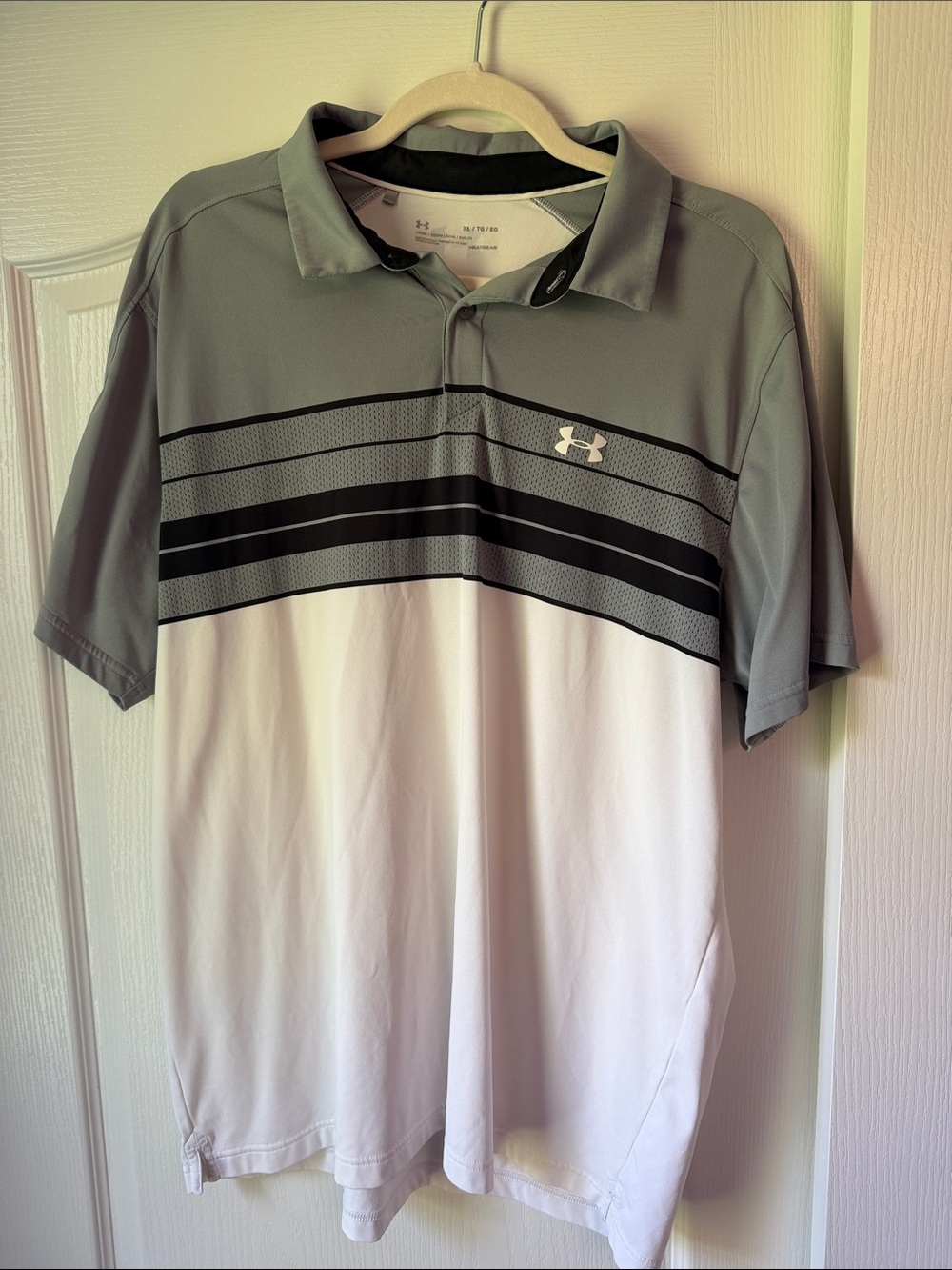 Under Armour Gray and White Striped Performance Polo